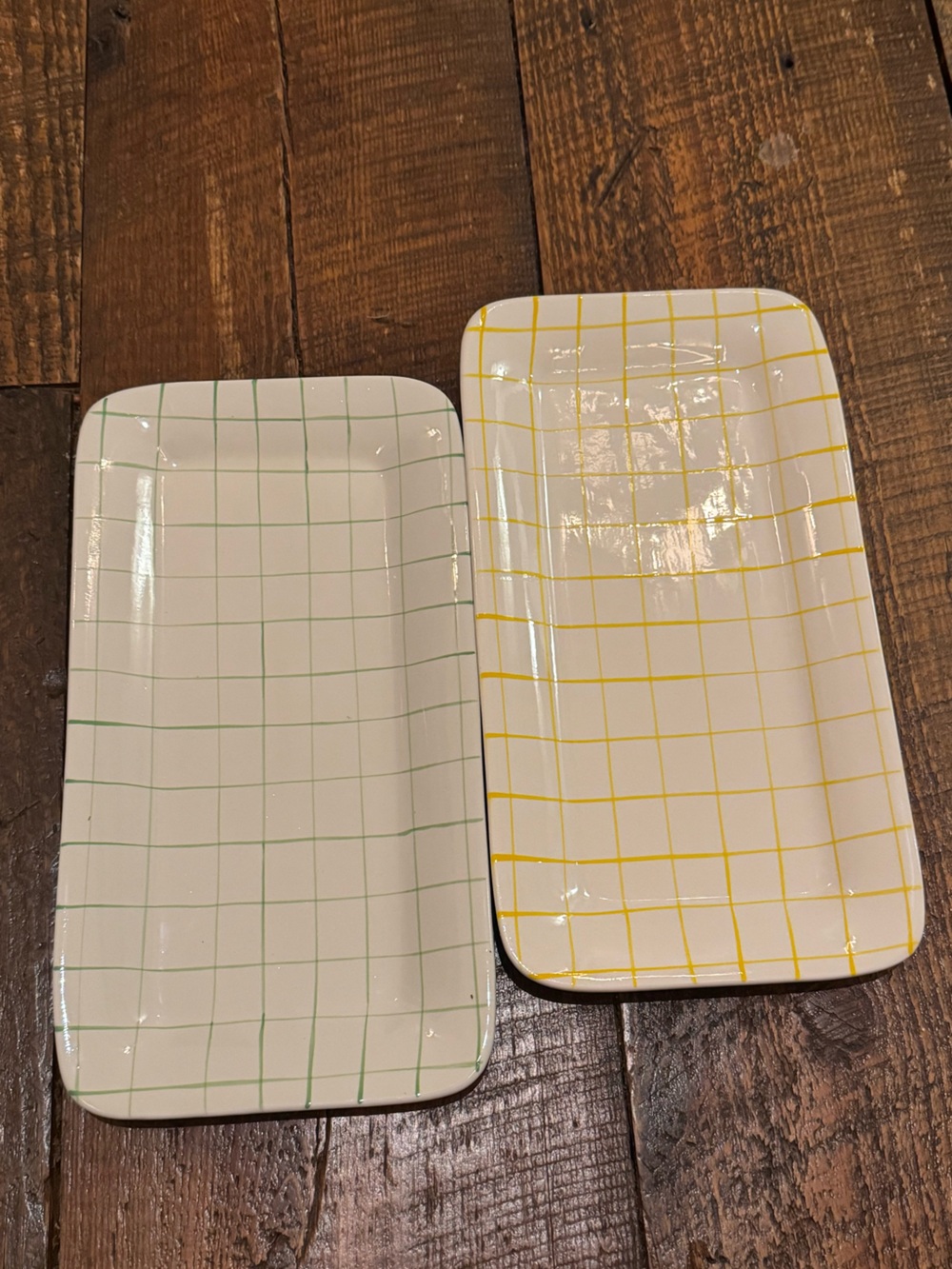 Set of 2 Ceramic Serving Platters Green Yellow Grid Check 🔥NEW🔥